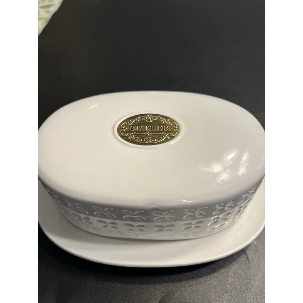 THL White Covered Butter Dish Bronze Gold Emblem French Country Farmhouse